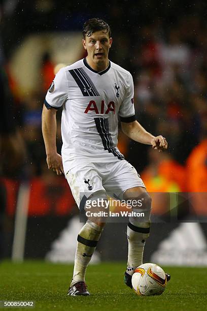 Kevin Wimmer of Spurs passes the ball during the UEFA Europa League Group J match between Tottenham Hotspur and AS Monaco at White Hart Lane on...