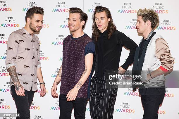 Louis Tomlinson , Liam Payne, Harry Styles and Niall Horan of One Direction attend the BBC Music Awards at Genting Arena on December 10, 2015 in...