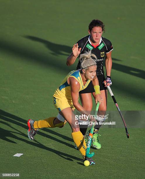 Janne Muller-Wieland of Germany competes with Ashleigh Nelson of Australia during the quarter final match between Australia and Germany on day 6 of...