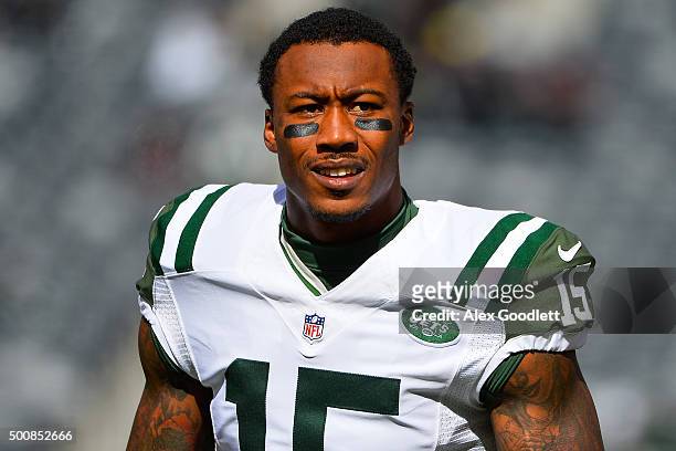 Brandon Marshall of the New York Jets looks on before a game against the Washington Redskins at MetLife Stadium on October 18, 2015 in East...