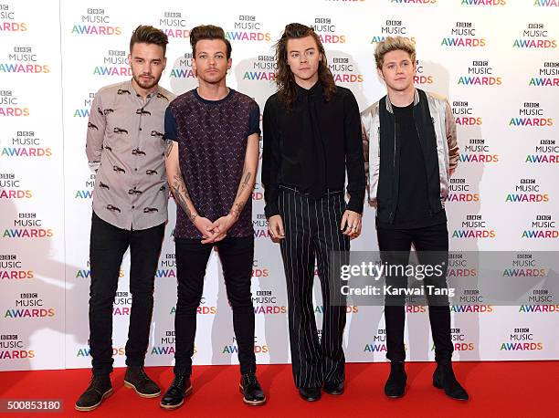 Liam Payne, Louis Tomlinson, Harry Styles and Niall Horan of One Direction attend the BBC Music Awards at Genting Arena on December 10, 2015 in...