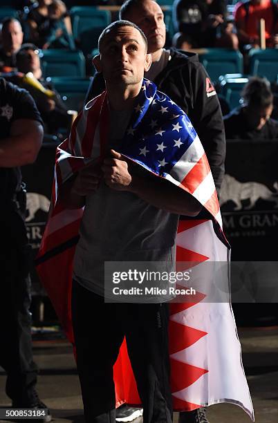 Frankie Edgar waits backstage before stepping on the scale during the UFC weigh-in inside MGM Grand Garden Arena on December 10, 2015 in Las Vegas,...