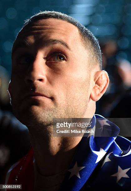 Frankie Edgar waits backstage before stepping on the scale during the UFC weigh-in inside MGM Grand Garden Arena on December 10, 2015 in Las Vegas,...