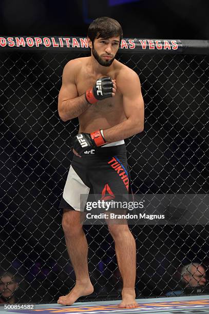 Zubaira Tukhugov prepares for his fight against Phillipe Nover in their featherweight bout during the UFC Fight Night event at The Chelsea at the...