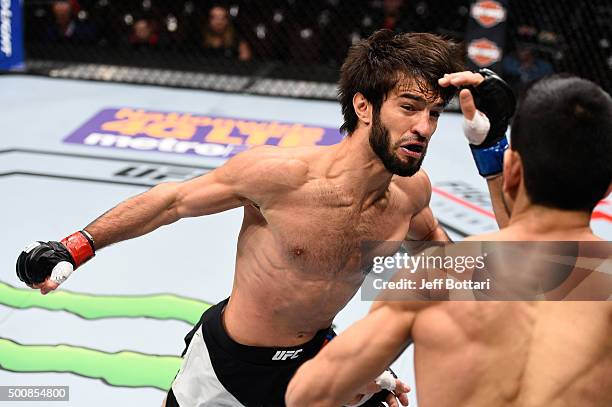 Zubaira Tukhugov punches Phillipe Nover in their featherweight bout during the UFC Fight Night event at The Chelsea at the Cosmopolitan of Las Vegas...