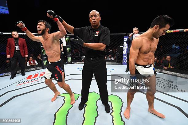 Zubaira Tukhugov celebrates his win over Phillipe Nover in their featherweight bout during the UFC Fight Night event at The Chelsea at the...