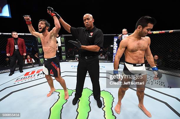 Zubaira Tukhugov celebrates his win over Phillipe Nover in their featherweight bout during the UFC Fight Night event at The Chelsea at the...