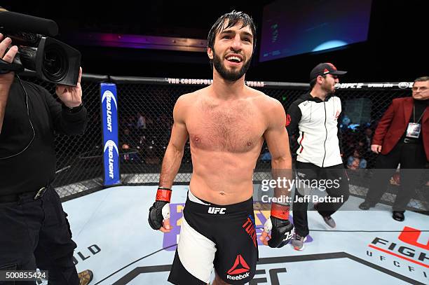 Zubaira Tukhugov celebrates his win over Phillipe Nover in their featherweight bout during the UFC Fight Night event at The Chelsea at the...