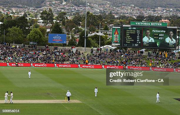 Shaun Marsh and Adam Voges of Australia shake hands after a fourth wicket partnership of 400 runs during day two of the First Test match between...