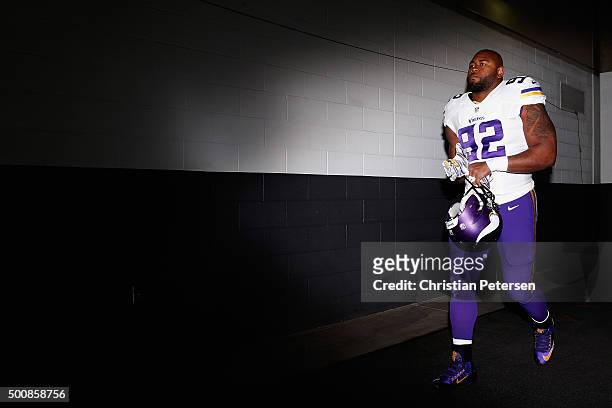 Defensive tackle Tom Johnson of the Minnesota Vikings takes the field before the NFL game against the Arizona Cardinals at the University of Phoenix...