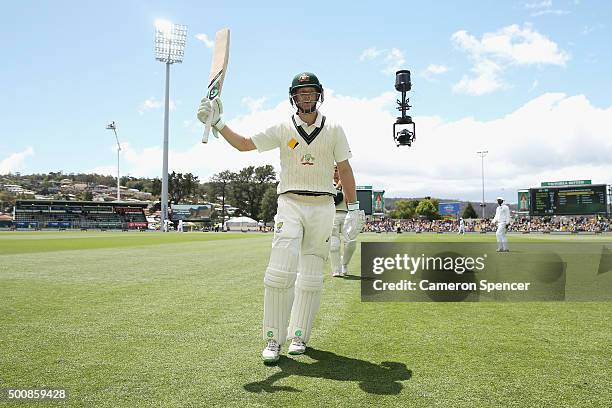 Adam Voges of Australia acknowledges the crowd as he leaves the field at lunch during day two of the First Test match between Australia and the West...
