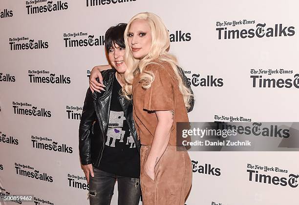 Diane Warren and Lady Gaga attend the TimesTalks Presents "Hunting Ground" With Lady Gaga, Diane Warren, Kirby Dick And Amy Ziering at Times Center...