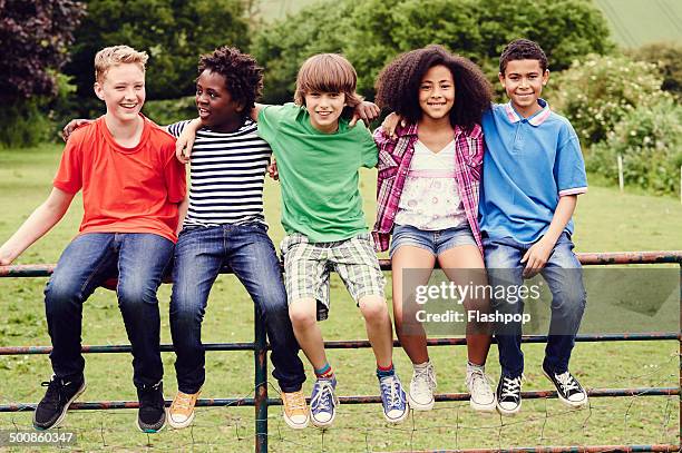 group of friends sitting on a gate in a field - day 8 bildbanksfoton och bilder