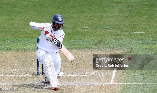 Dimuth Karunaratne of Sri Lanka bats during day two of the First Test match between New Zealand and Sri Lanka at University Oval on December 11, 2015...