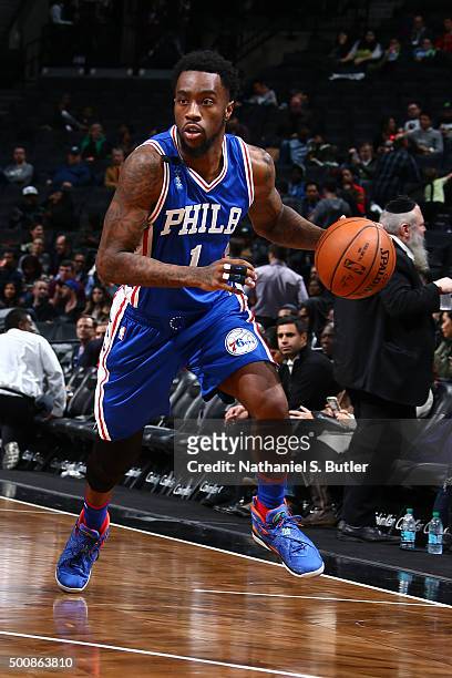 Tony Wroten of the Philadelphia 76ers handles the ball against the Brooklyn Nets on December 10, 2015 at Barclays Center in Brooklyn, New York. NOTE...