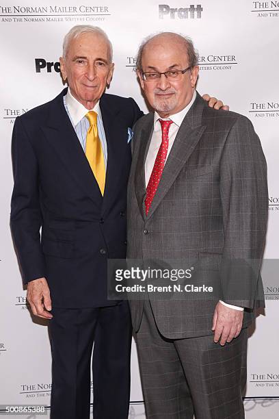Gay Talese and writer/event honoree Salman Rushdie attend the Mailer Center's 2015 Lifetime Achievement Prize held at the Pratt Institute on December...
