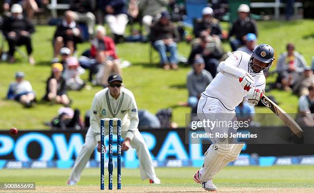 Dimuth Karunaratne of Sri Lanka bats during day two of the First Test match between New Zealand and Sri Lanka at University Oval on December 11, 2015...