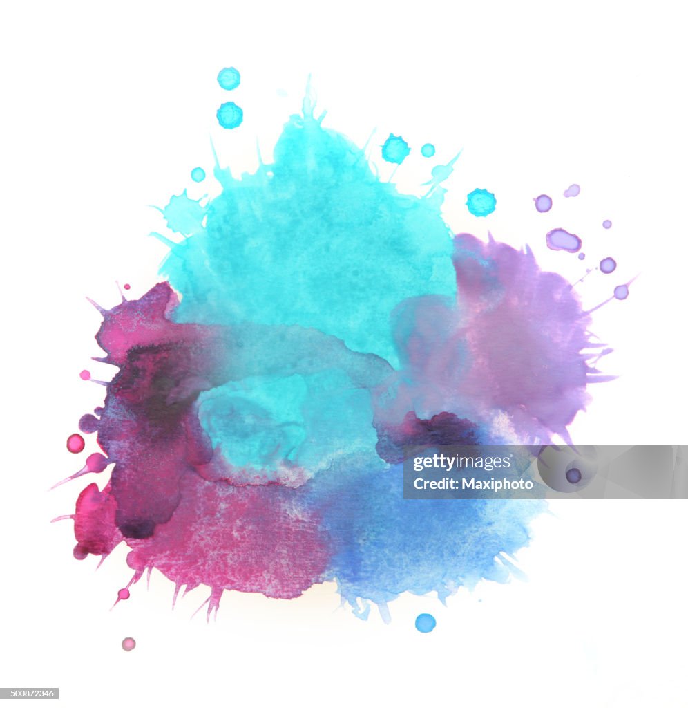 Splashed watercolors, blue and purple paints on white background