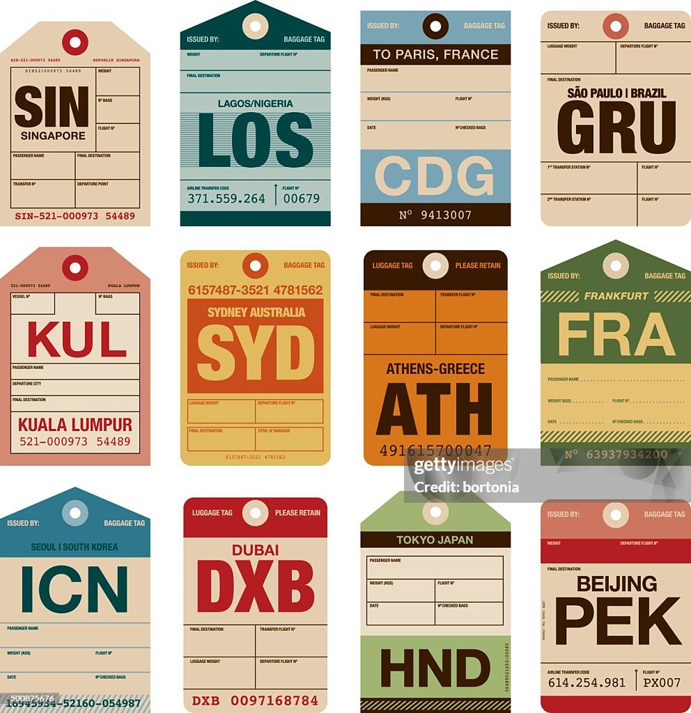 Old Fashioned Airport Luggage Tags Icon Set