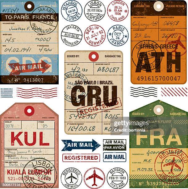 stockillustraties, clipart, cartoons en iconen met old fashioned airport luggage tags icon set - adventure or travel