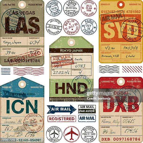 stockillustraties, clipart, cartoons en iconen met old fashioned airport luggage tags icon set - seoul