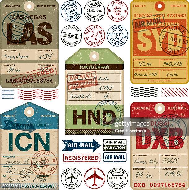 stockillustraties, clipart, cartoons en iconen met old fashioned airport luggage tags icon set - australië