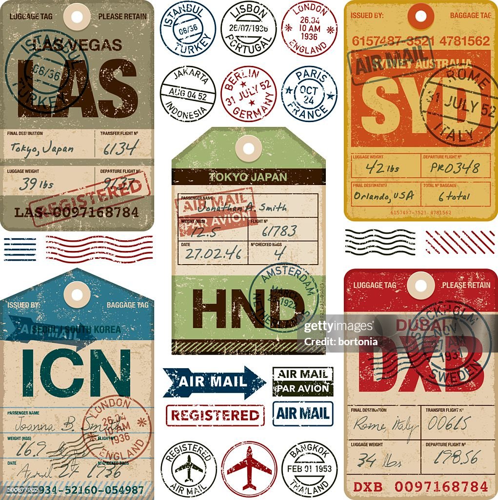Old Fashioned Airport Luggage Tags Icon Set