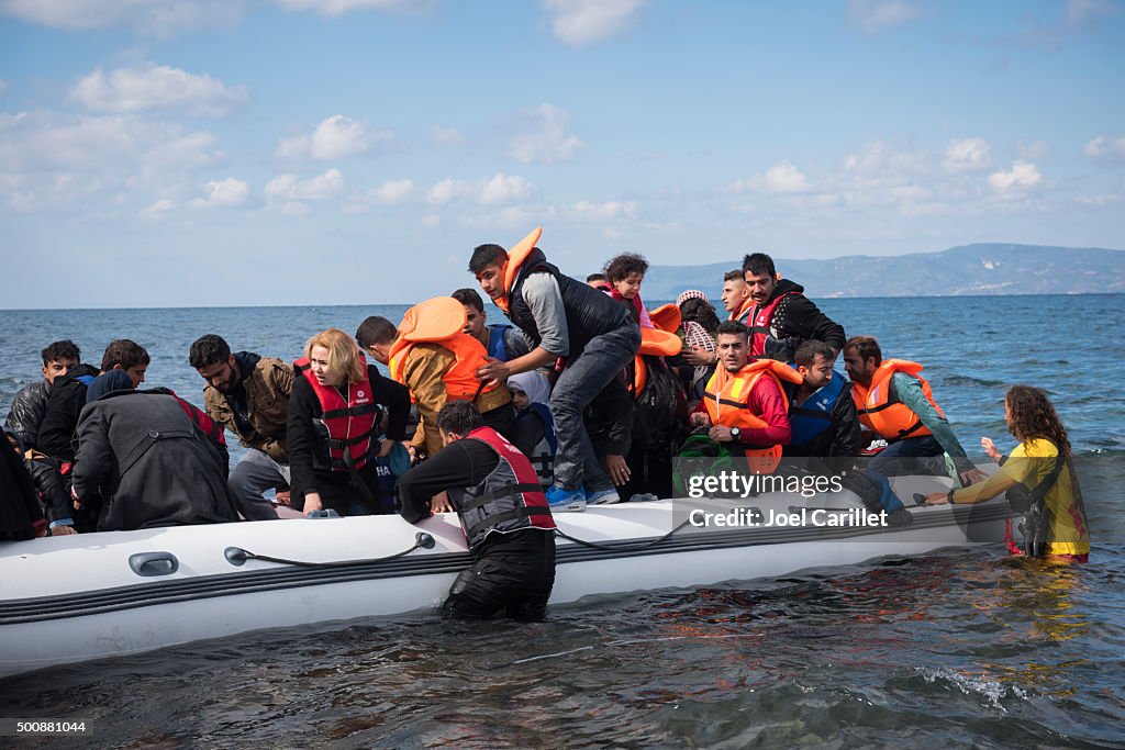 Refugee boat arriving on Lesbos Greece