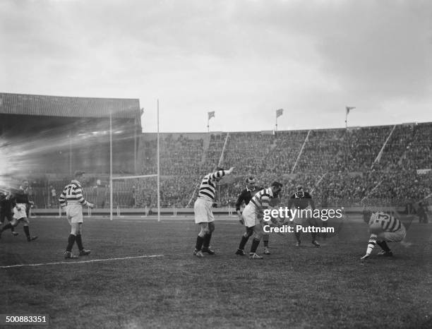 Midfield play during the first Challenge Cup Final, between Wigan and Dewsbury, at Wembley Stadium, London, 4th May 1929. Wigan won the match 13-2.