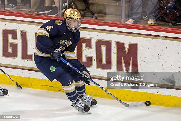 Dennis Gilbert of the Notre Dame Fighting Irish skates against the Boston College Eagles during NCAA hockey at Kelley Rink on December 10, 2015 in...