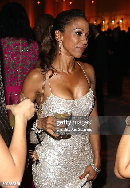 Actress Holly Robinson Peete attends The Diamond Ball II with D'USSE and Armand de Brignac at The Barker Hanger on December 10, 2015 in Santa Monica,...