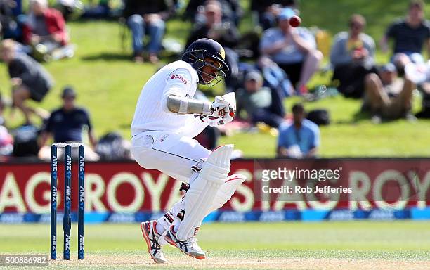 Kithuruwan Vithanage of Sri Lanka ducks under a bouncer during day two of the First Test match between New Zealand and Sri Lanka at University Oval...