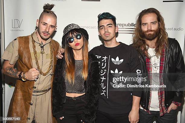 Cole Whittle, JinJoo Lee, Joe Jonas, and Jack Lawless of the band DNCE attend the Republic Records Holiday Party at Chateau Republic on December 10,...