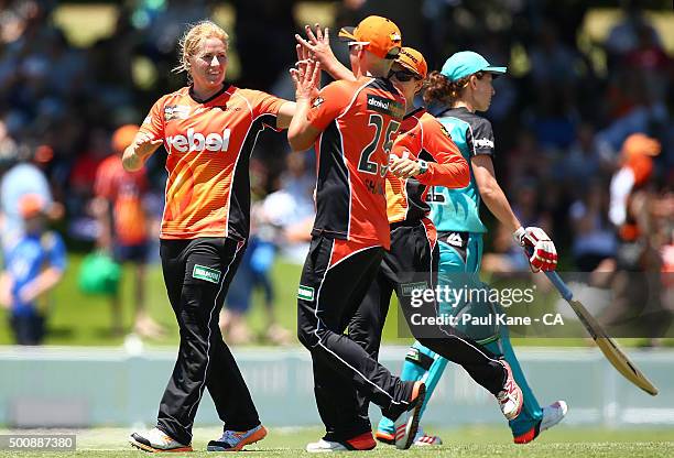 Katherine Brunt of the Scorchers celebrates the wicket of Courtney Hill of the Heat during the Women's Big Bash League match between the Perth...