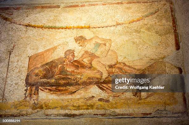 Illustrated scenes of sexual acts advertising the specialities of the resident prostitutes at the Lupanar which was the official brothel of Pompeii,...