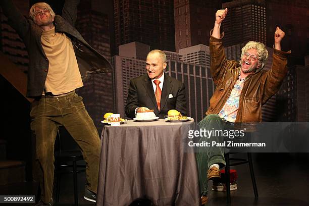 John Mulaney and Nick Kroll perform on stage with special guest former Commissioner of the New York City Police Department Ray Kelly during OH,...