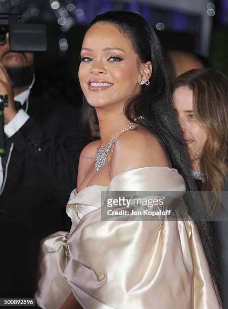 Singer Rihanna arrives at Rihanna and The Clara Lionel Foundation Host 2nd Annual Diamond Ball at The Barker Hanger on December 10, 2015 in Santa...