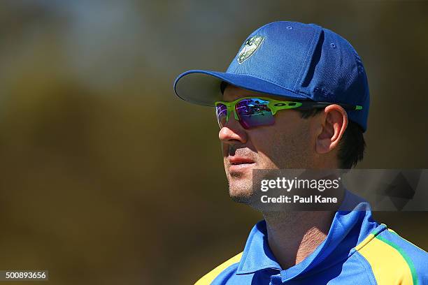 Ricky Ponting of the Legends looks on while fielding during the WA Festival of Cricket Legends Match between the Australian Legends XI and Perth...