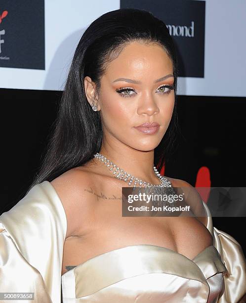 Singer Rihanna arrives at Rihanna and The Clara Lionel Foundation Host 2nd Annual Diamond Ball at The Barker Hanger on December 10, 2015 in Santa...