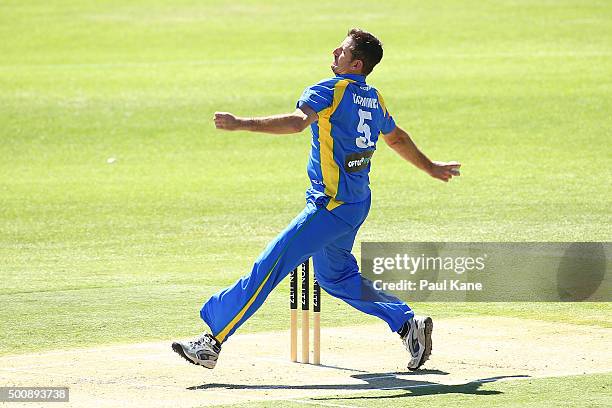 Michael Kasprowicz of the Legends bowls during the WA Festival of Cricket Legends Match between the Australian Legends XI and Perth Scorchers at...