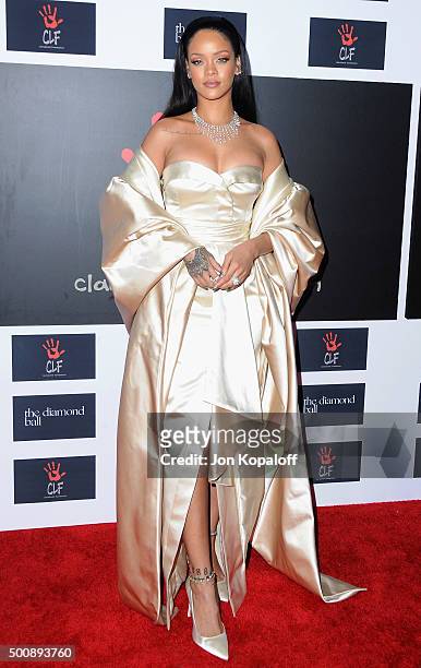 Singer Rihanna arrives at Rihanna and The Clara Lionel Foundation Host 2nd Annual Diamond Ball at The Barker Hanger on December 10, 2015 in Santa...