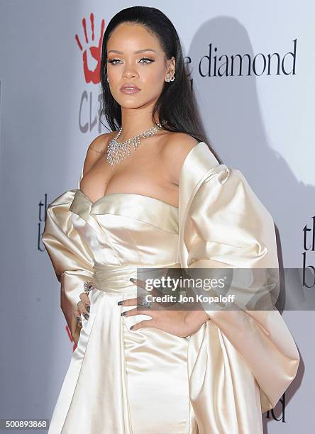 Singer Rihanna arrives at Rihanna and The Clara Lionel Foundation Host 2nd Annual Diamond Ball at The Barker Hanger on December 10, 2015 in Santa...