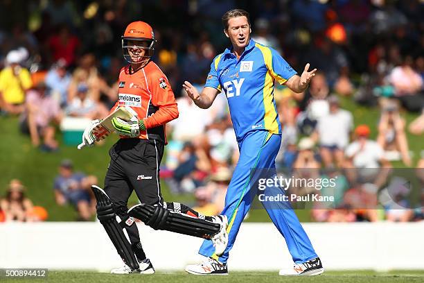 Glenn McGrath of the Legends reacts to missed fielding chance during the WA Festival of Cricket Legends Match between the Australian Legends XI and...