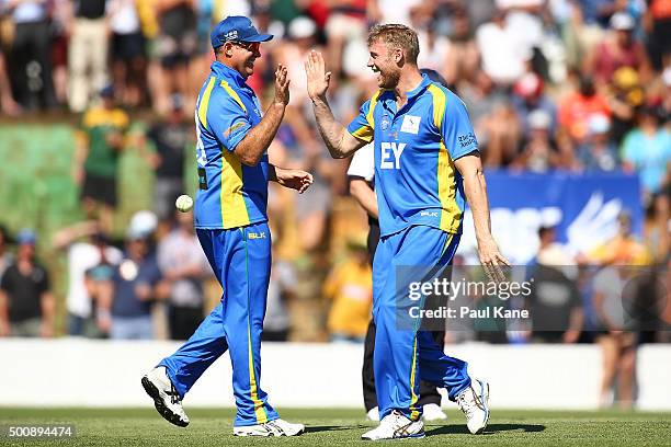 Matthew Hayden and Freddie Flintoff of the Legends celebrate the wicket of Cameron Bancroft of the Scorchers during the WA Festival of Cricket...