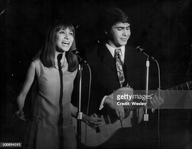 Singers Esther and Abi Ofarim, rehearsing on stage before their performance at the Savoy Hotel, London, September 18th 1967.