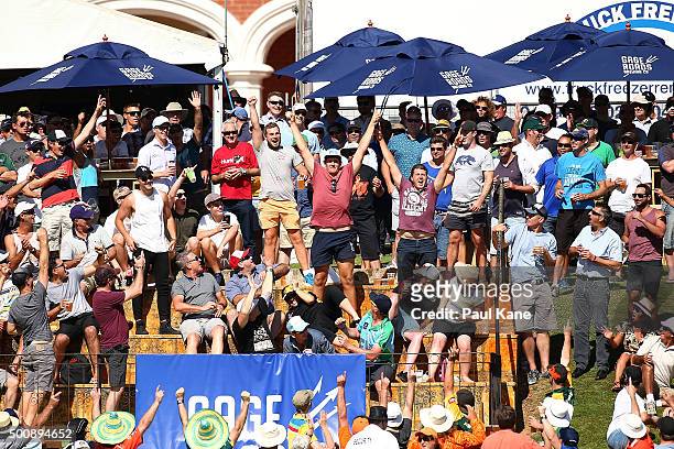 Spectators celebrate taking a catch in the outer during the WA Festival of Cricket Legends Match between the Australian Legends XI and Perth...