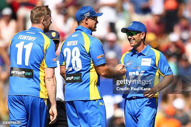 Matthew Hayden and Justin Langer of the Legends celebrate the wicket of Cameron Bancroft of the Scorchers during the WA Festival of Cricket Legends...