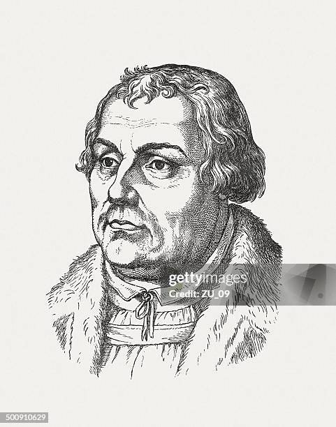 german reformator martin luther, wood engraving, published in 1871 - author stock illustrations