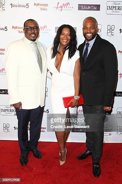 Henry Butler, Casting Director Leah Daniels Butler and comedian Chris Spencer attended the A Pathways Christmas With The Butlers And Friends at...
