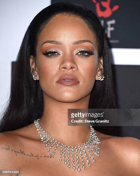 Rihanna arrives at the Rihanna and The Clara Lionel Foundation Host 2nd Annual Diamond Ball at The Barker Hanger on December 10, 2015 in Santa...
